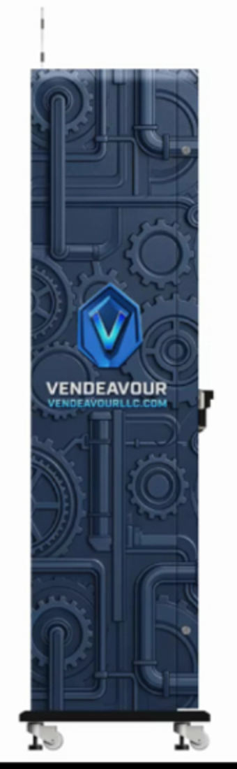Side panel of a Vendeavour vending machine with industrial gear-and-piping wrap