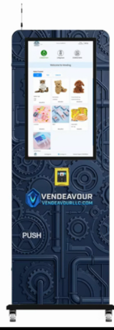 Vendeavour TCG smart vending machine, front view with touchscreen and branded wrap